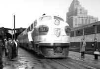 General Motors F-3 diesel locomotive 754 heads a train eastbound out of Toronto Union Station