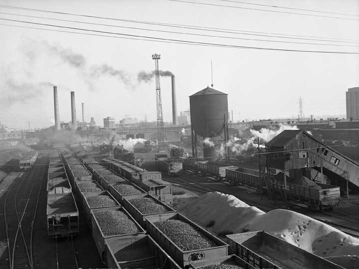 Coal yard, ash loader and water tank at Spadina Avenue roundhouse