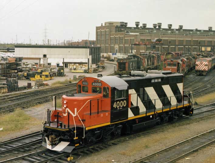 Diesel locomotive GP-9 Gr-418 4000 rebuilt from Gr-417 4568 at Pointe St-Charles shops, Montreal