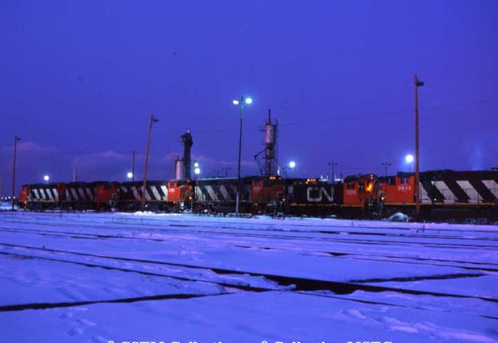 A number of GP40-2 locomotives share the servicing tracks at Montreal's Tascherean Yard