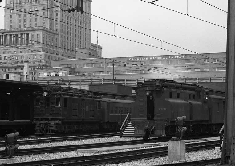 Diesel locomotives 7700, built in 1929 by Canadian Locomotive Company and retired in 1962; and electric locomotive z-1-a 9103 built by General Electric ca.1915 and retired in 1995