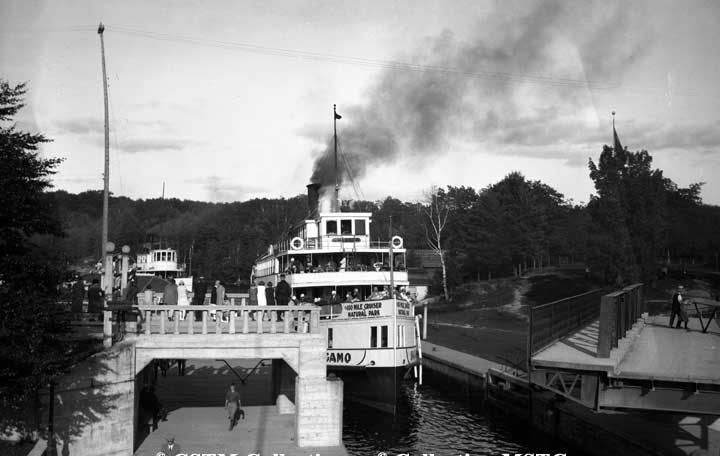 S.S. Sagamo passing through the Port Carling locks