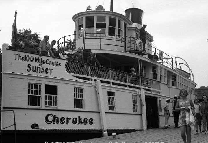 Passengers aboard the Cherokee, docked at Muskoka Lakes