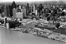 Aerial view of downtown Detroit, including railway station and yards