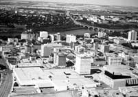 Aerial view of Saskatoon, including Midtown Plaza and Bessborough Hotel