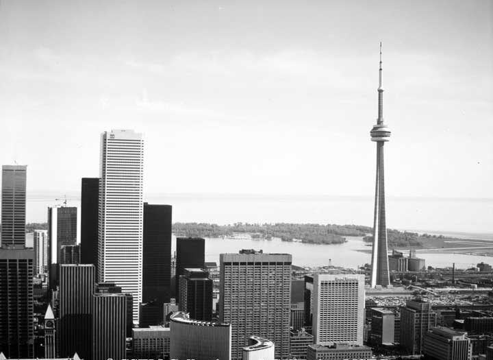 Aerial view of the Toronto skyline including the financial district and CN Tower
