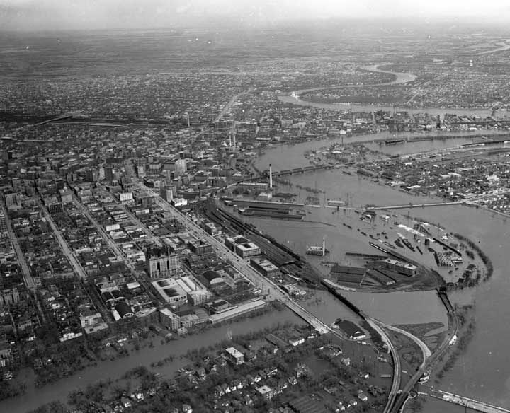 Aerial view of Winnipeg flood particularly around railway station