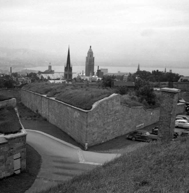 View of the walls of the Citadel with Quebec City in the background