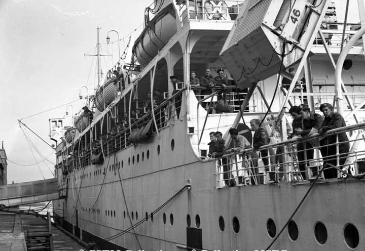 C.N.S.S. Lady Nelson, with returning soldiers, docked at Pier 21