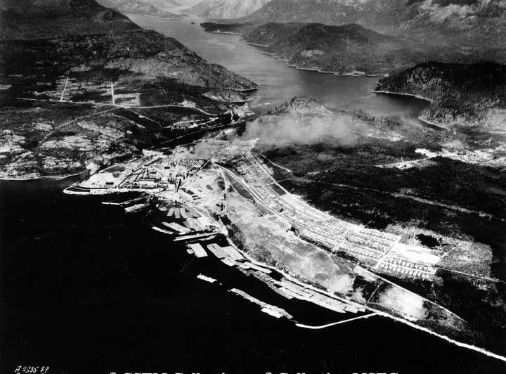 Aerial view of pulp plant, Powell River, B.C.