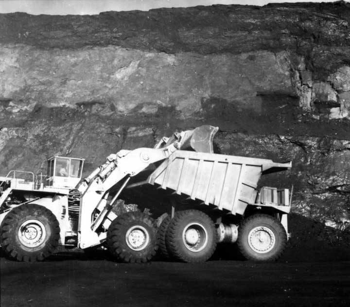 Luscar, Alberta - coal mine - mine pit surface loading with 100 ton trucks
