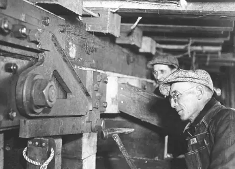 Prince Rupert shipyard : “man at the trigger” Jock Davidson ready to release the trigger that will launch the ship S.S. Fort Stikine on her first journey to the sea