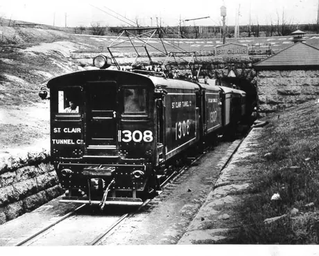 St. Clair Tunnel Company electric locomotive No. 1308 exiting Sarnia Tunnel