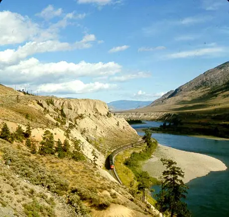 Aerial view of a westbound train near Kamloops