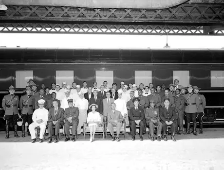 Group portrait of Queen Elizabeth II, Royal party, and Royal Train crew