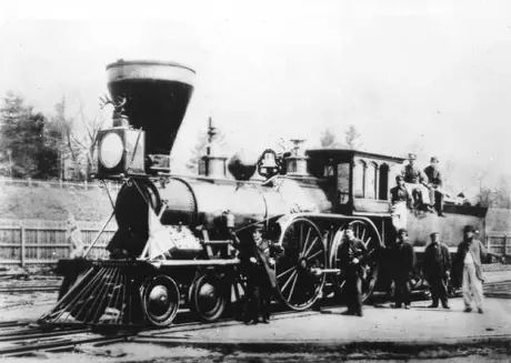 The crew and dignitaries pose by locomotive Josephine of the Ontario, Simcoe and Huron Union Railway which later became part of the Grand Trunk Railway