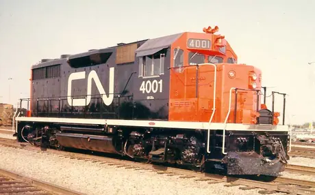 CN diesel-electric locomotive 4001, model GP-35, three-quarter view
