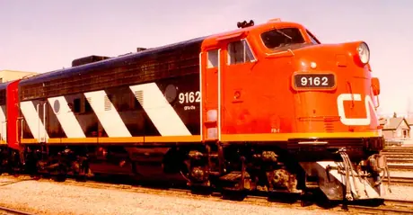 CN diesel-electric locomotive 9162, model F7A, three-quarter view