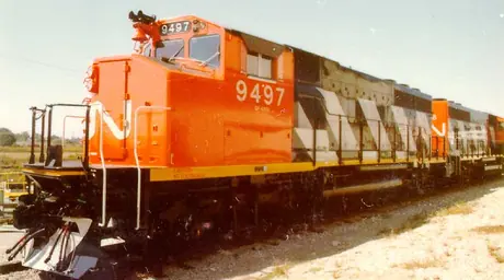 CN diesel-electric locomotive 9497, model GP-40-2, three-quarter view