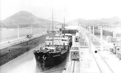 Cargo ship CGMM Canadian Spinner in the Panama Canal locks