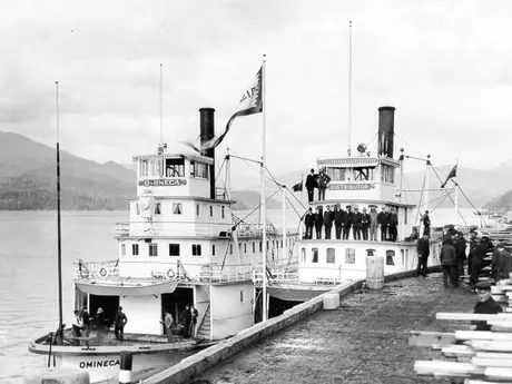 Stern paddle wheeler SS Omneica and the GTPR stern paddle wheeler SS Distributor on the Skeena River