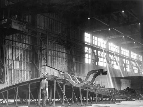Shop work in the construction of the ferry MV Bluenose at the Davie shipyard
