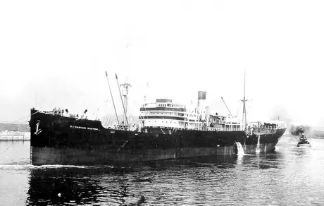 Cargo ship CGMM Canadian Victor being steered by two tugs