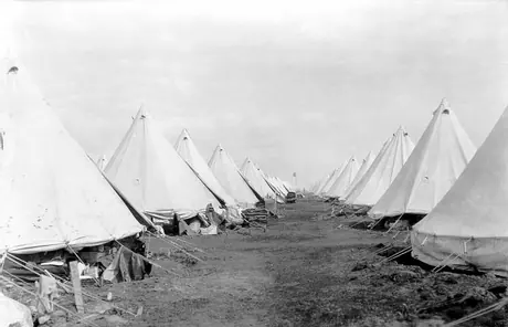 Rows of soldiers' tents disappear off into the distance at a WWI training camp