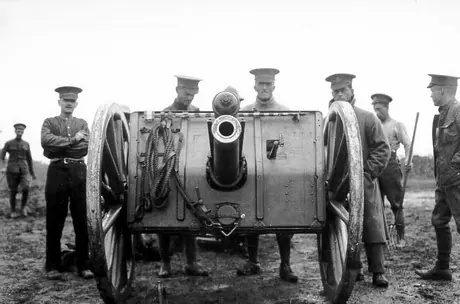 Looking down the barrel of an 18-pounder field gun at a WWI training camp