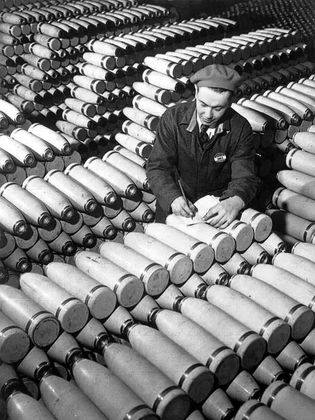 Bombs to be used by the British lay stacked in rows