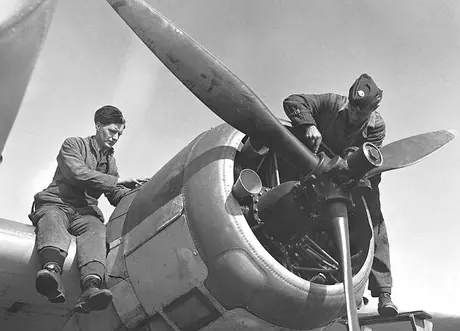 A Flight Sergeant of the RCAF Blenheim Fighter Squadron of Coastal Command poses at his plane's tail