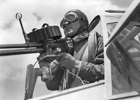 An RCAF air gunner in the stern of a Lysander