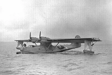 An RCAF Catalina flying boat floating in water