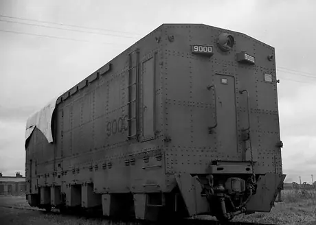 CNR diesel-electric locomotive 9000 in armoured configuration, three-quarter view