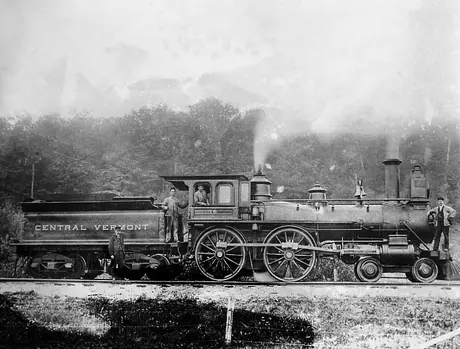 Central Vermont Railway coal burning steam locomotive 16 and employees