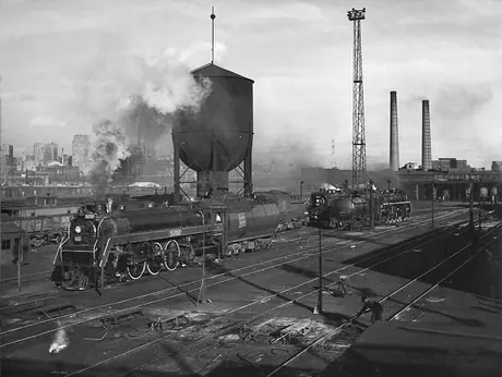 Canadian National Railways locomotive in the Toronto roundhouse and yards
