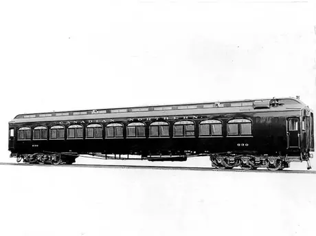 Canadian Northern Railway wooden second class passenger coach no. 630, side view