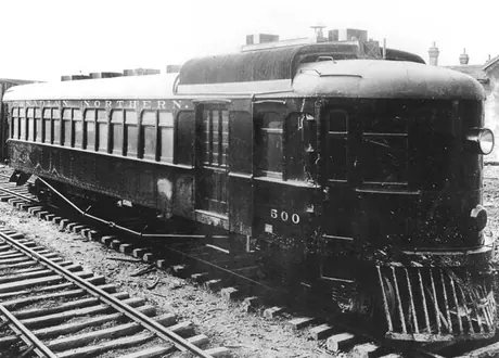Canadian Northern Railways diesel-electric self-propelled rail car no. 500, three quarter view