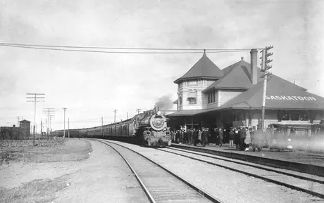 First Grand Trunk Pacific Railway Company train to arrive at Canadian Pacific Station, Saskatoon