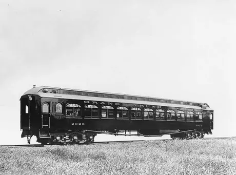 Wooden first class Grand Trunk Pacific Railway Company passenger car no. 2023, side view