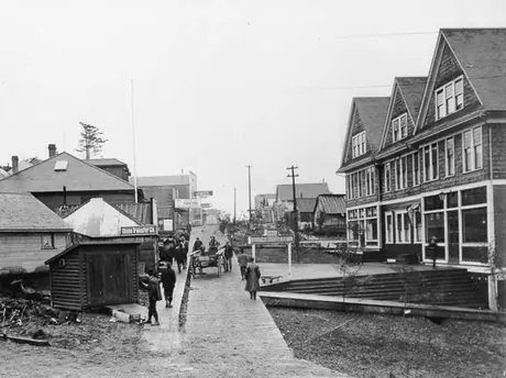 Front entrance of the Grand Trunk Pacific Prince Rupert Inn and Union Transfer Company office across the street