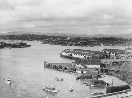 Elevated view of the Grand Trunk Pacific Coast Steamship Company docks in Victoria