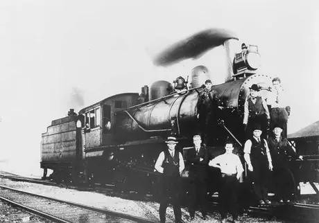 Steam locomotive no. 805 at Transcona Station, three-quarter view
