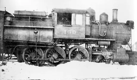 Québec, Montréal and Southern Railway Company camel-back steam locomotive no. 150 in snow, right side