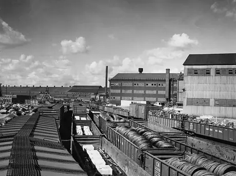 Canadian National Railway cars loaded with Steel Company of Canada products