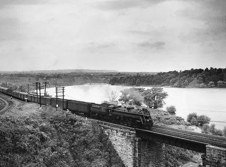A view of a Canadian National Railways passenger train about to cross the High Level Bridge