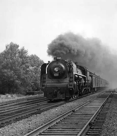 Canadian National Railways steam locomotive no. 6245 hauls passenger train no. 5 between Montréal and Toronto