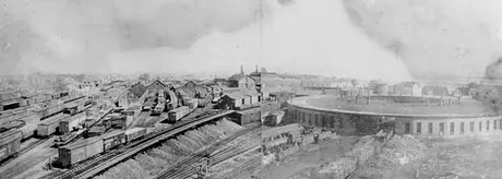 The Moncton Railway Yard, showing the engine house and shops