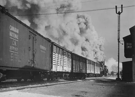 A Canadian National Railways freight train steams through a railway station at Turcot