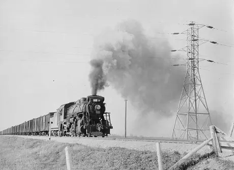 Canadian National Railways steam locomotive no. 3286 hauls a grain shipment to the head of the Great Lakes